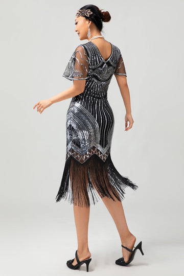 Black Silver Sequin V Neck Bodycon 1920s Dress with Tassels